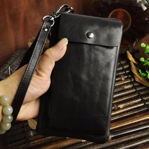 Men Oil Wax Cowhide Cell Phone Case Wallet Money Handy Bags Famous Brand Cards Purse High Quality Genuine Leather Clutch Bag