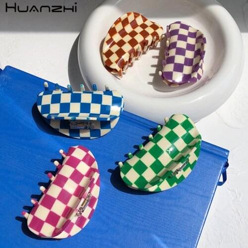 HUANZHI New Korean Ins Colorful Elegant Large Grid Plaid Square Clip Acetate Hair Claw for Women Girls Hairpin Accessories