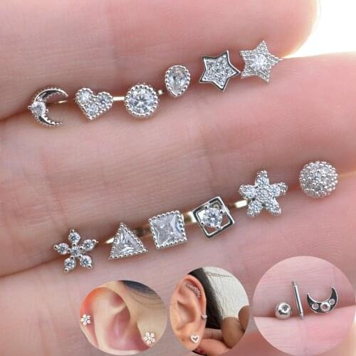 2Pcs 18G Rod Mini Micro Inlaid Zircon Star Moon Helix Piercing Tragus Stud Cartilage Conch Earring Nose Ring Ohrring Ear Jewelry