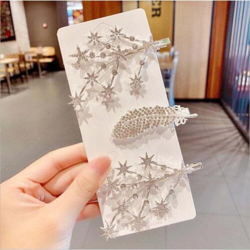 3pcs Fashion Girl White Crystal Rhinestones Hairpin Star Feather Women Hair Clips Barrettes Hair Styling Accessories