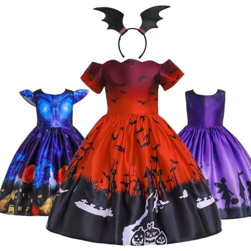 Halloween Costume Girls Witch Dress Children Bat Printed Evening Ball Gown Pumpkin Festival Party Children Diablo princess Dress