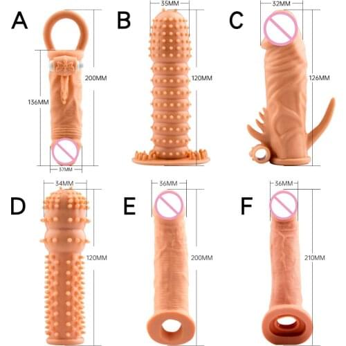 Reusable Penis Enlargement Sleeve Vibrator Extender Condom Realistic Dildo Cock Delayed Ejaculation Condom Adult Sex Toy for Men