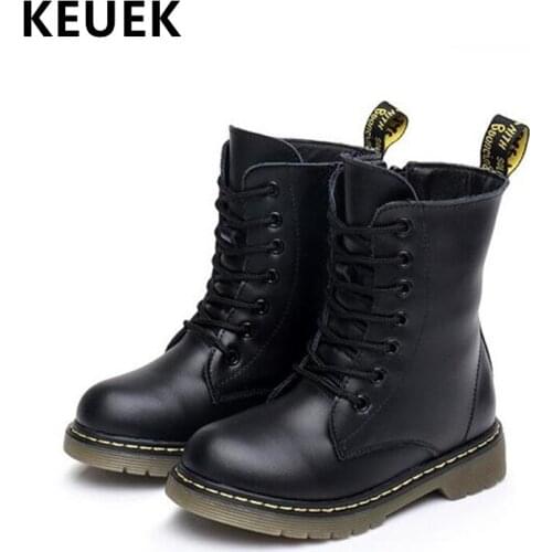 Fashion Children Motorcycle boots Autumn Winter Plush Warm Kids Snow boots Boy Girl Genuine leather Mid-Calf Military boots 043