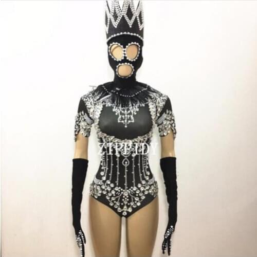Fashion Crystals Bodysuit Diamonds Sparkly Headpiece Outfit Sexy Stage Performance Women Singer Birthday Wear