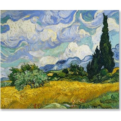 Fashion Canvas Painting Poster Print Wheatfield with Cypresses Wall Art Modern Trendy Pictures for Living Room Home Decor