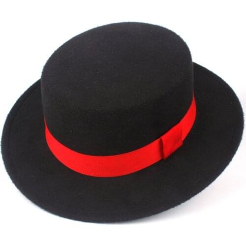 100% Wool Men Women Flat Top Fedora Hat With Red Ribbon Wool Trilby Pork Pie Boater Hat Jazz Hat Size 56-58CM