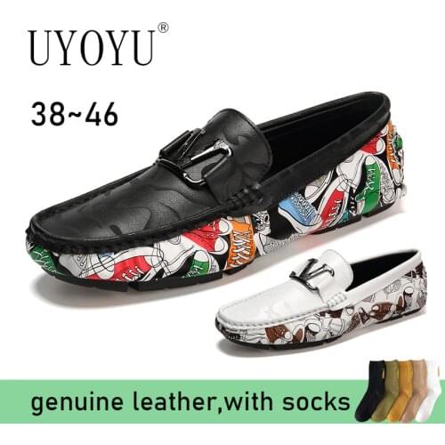 UYOYU Big Size Men Genuine Leather Shoes Slip On Black Shoes Real Leather Loafers Mens Moccasins Shoes Italian Designer Shoes