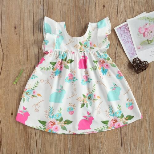 Easter Day Lovely Baby Girls Dress Rabbit Floral Print Ruffles Sleeve A-Line Mini Dress 0-4Y