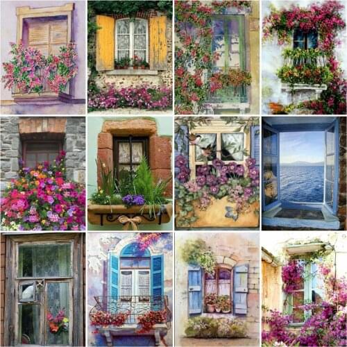 HUACAN 5D Diamond Painting Kits Window Landscape Embroidery Flowers Cross Stitch Decoration Painting With Diamonds Gift