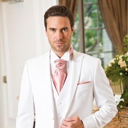 2019 New White Slim Fit Wedding Suits For Men Formal Men Suit Peaked Lapel Grooms Tuxedos Terno Suit Men(Jacket+Pants+Vest)