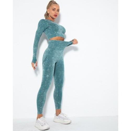 New Seamless Washed Set Women 2 Pieces Gym Clothing Sports Outfit Long Sleeve Crop Top Scrunch Butt Leggings Fitness Yoga Suit