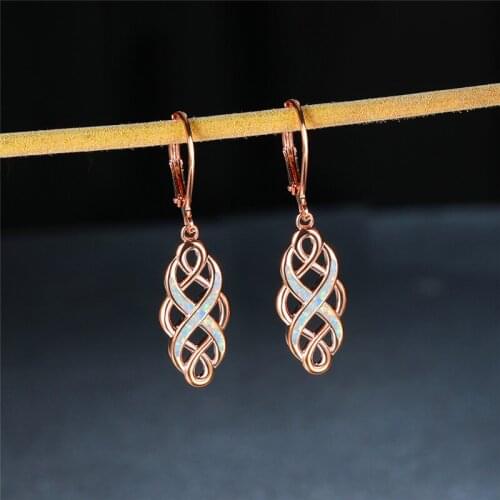 Charm Female Blue White Opal Drop Earrings Rose Gold Silver Color Clip Earrings For Women Cute Hollow Geometry Wedding Earrings