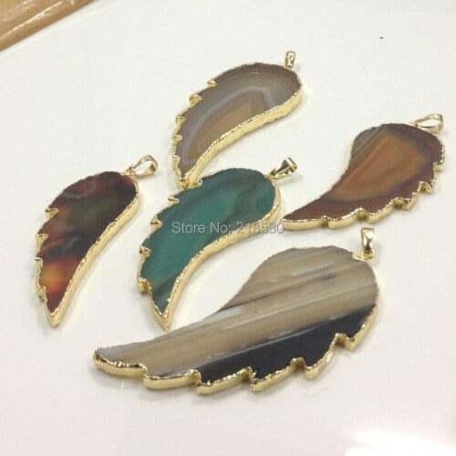 H-DP337 Mix Color Green Brown Angel Wing Pendant Created Agates slice Pendant d in Gold