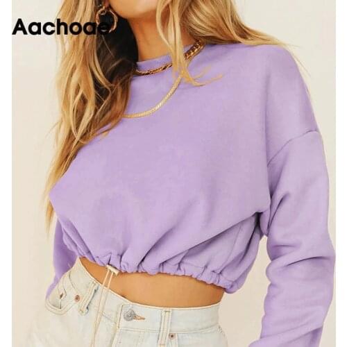 Aachoae Solid Casual Pullover Sweatshirt Women Batwing Long Sleeve Loose Sports Style Cropped Tops O Neck Tracksuit Hoodies Lady