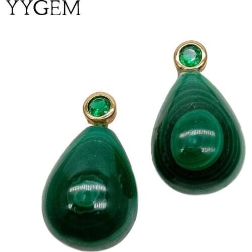 YYGEM Natural Green Malachite Teardrop Green Cubic Zirconia Pave Stud Earrings classic style for women