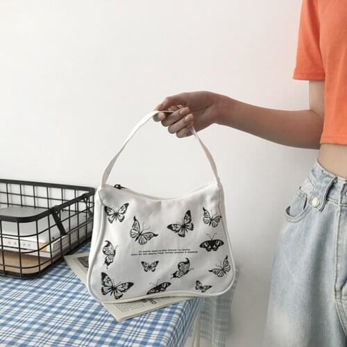 Spring Women Small Handbag Butterfly Print Canvas Tote Ladies' Fashion Underarm Bag Zipper Half Moon Bags Cotton Cloth Purse
