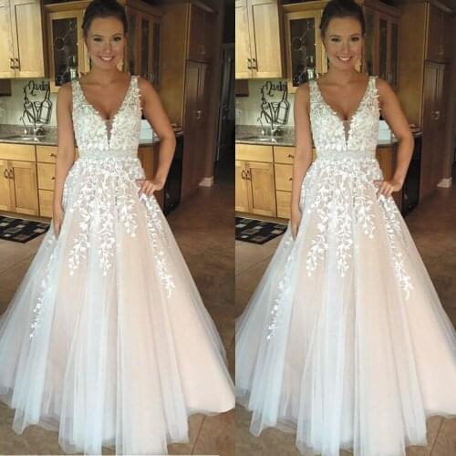 SuperKimJo Champagne Senior Prom Dresses Long V Neck Lace Applique Beaded Elegant Prom Gown Abiti Da Cocktail