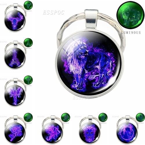 Luminous Lion Spider Blue Fire Keychain Skull Skeleton Glass Cabochon Jewelry Key Chains Glowing Flames Key Holder Gifts