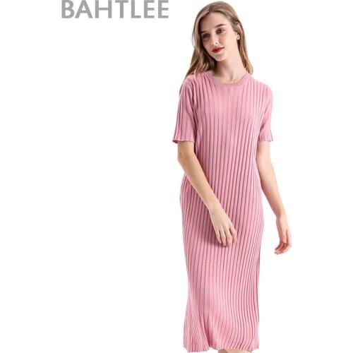 BAHTLEE Loose Casual Knit Sheath Dresses Ladies Solid O Neck Short Sleeve Bodycon long Dress Morandi one-piece Dress