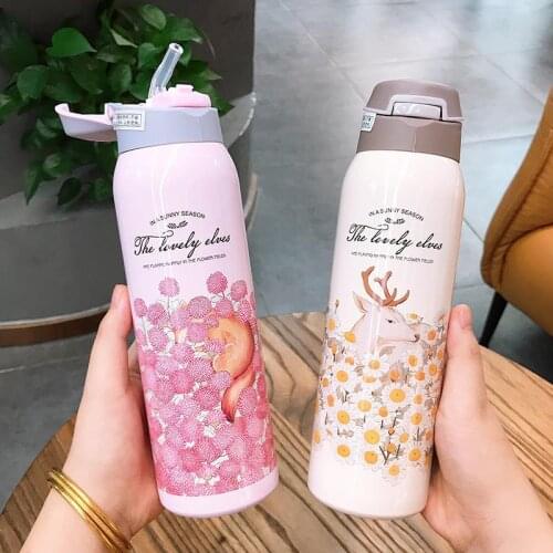 Cute Flower Girl Thermos Bottle Double Wall 304 Stainless Steel Vacuum Flask Women Insulated Termos Tumbler with Silicone Straw
