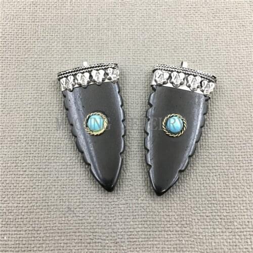 Tibetan Black Colored Carved Bone Feather Pendant with Blue Howlite and Silver Toned Brass Cap MY0438