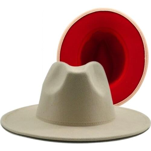 Outer cream Simple Inner red Wool Felt Jazz Fedora Hats with Thin Belt Buckle Men Wide Brim Panama Trilby Cap 56-58CM