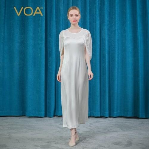 VOA Summer Silk O-Neck Maxi Dresses for Women Birthday Present AE867 Elegant Embroidered Flares Silky White Banquet Dress Party