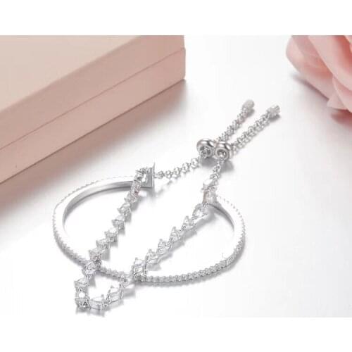 SLJELY Elegant Women 925 Sterling Silver Cubic Zirconia Crystal Double Layer Dinner Party Banquet Bracelet Adjustable Jewelry