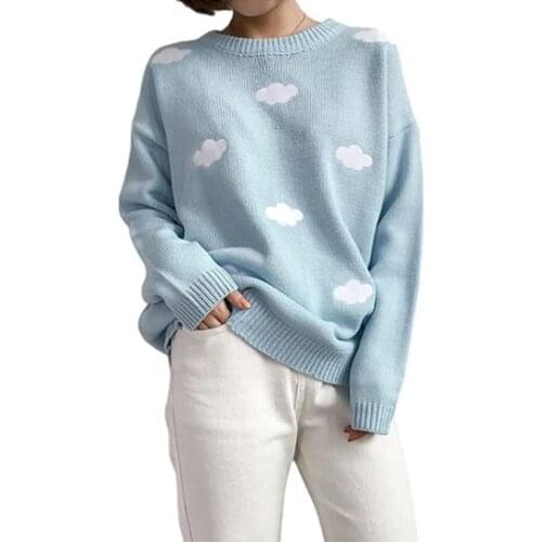 Women Casual Knit Sweater Adults Cute Cloud Pattern Long Sleeve Round Neck Pullover