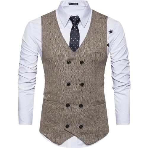 Men Suit Vest Retro V Neck Khaki Solid Color Double Breasted Slim Fit For Casual Daily Wear Male Waistcoat Clothing 2021