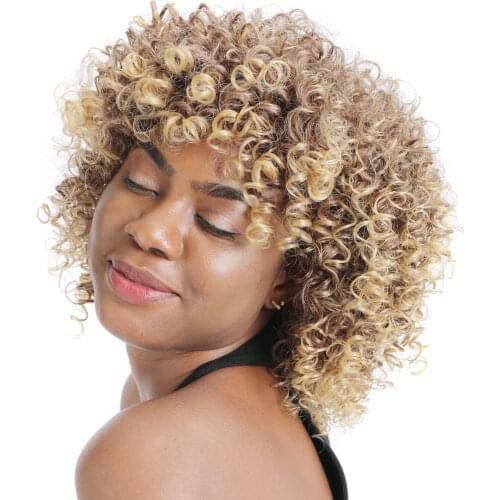 ZM 16Inches Long Afro Kinky Curly Wigs for Black Women Blonde Mixed Brown Synthetic Wigs Bangs African Hairstyle Heat Resistant