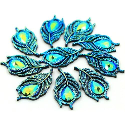 20x38mm 10pcs Sewing Crystal AB Feather Leaves Resin Rhinestones Flatback DIY Rhinestones For Needlework For Clothes Crafts