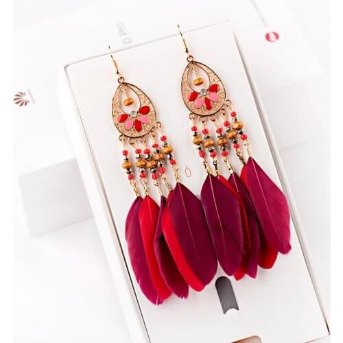 2019 Bohemian Boho Water Drop Feather Tassel Dangle Earrings Tibetan Jewelry Vintage Long Chain Wood Beads Earring Hangers