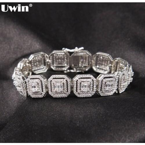 UWIN 13mm Cuban Chain Bracelet with Baguette CZ Micro Paved Iced Out Cubic Zirconia Bracelets Men Women Luxury Accessories