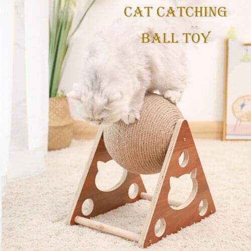 Pet Wooden Hand-Wrapped Sisal Rope Catching Ball And Scratching Post Cat Tree Toy
