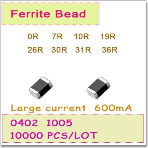 JASNPROSMA 0402/1005 100MHZ 10000PCS 600mA Large current SMD Ferrite Bead 0R 7R 10R 19R 26R 30R 31R 36R 25% FB OHM High quality