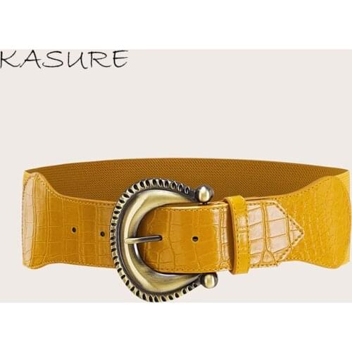 Kasure Antique Women Belt Wide PU Leather Corset Waist Belts Elastain Stretchable Dress Decoration Yellow Waistbelt Band