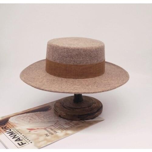 Brown colorblock jazz top hat men and women flat winter wool felt hat