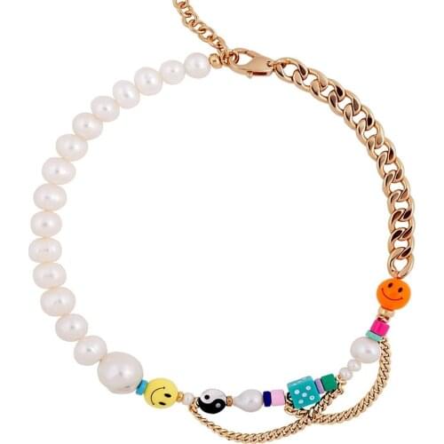 Creative Yin Yang charm beads baroque freshwater pearl Gossip yellow orange smilely blue dice necklace stainless steel chain