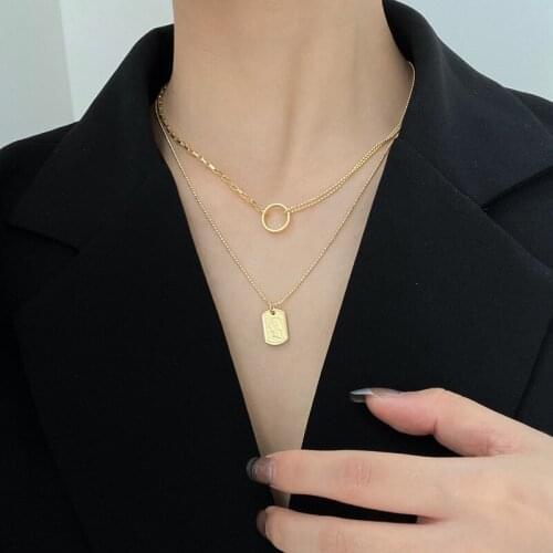 Fashion Double Necklace Niche Design Circle Choker Temperament Square Pendant Sweater Chain Alloy Choker Women Jewelry Gift