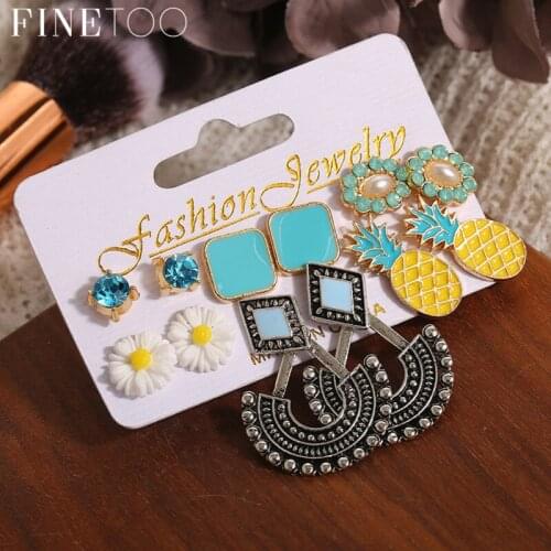 6 Pairs/Set Bohemian Crystal Geometric Square Flower Pineapple Earrings Set Cute Stud Earrings for Women Girls Brincos