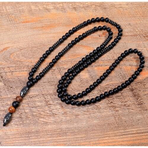 Natural Stone Black Hematite Carving Bead Men Necklace Buddha Lava Mala Wood Rosary Beads Long Necklaces Vintage Jewelry