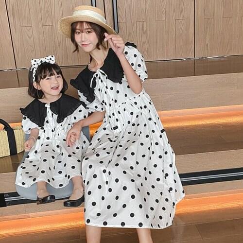New 2021 Summer Family Look Mother Daughter Dress Clothes Family Matching Outfits Clothes Bubble Sleeve Dot Dress