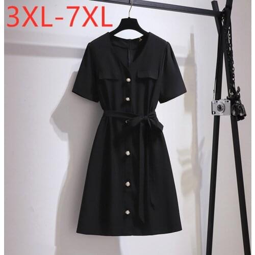 New 2021 Ladies Summer Plus Size Mini Dress For Women Large Short Sleeve Loose Black Button V-neck Dress 3XL 4XL 5XL 6XL 7XL