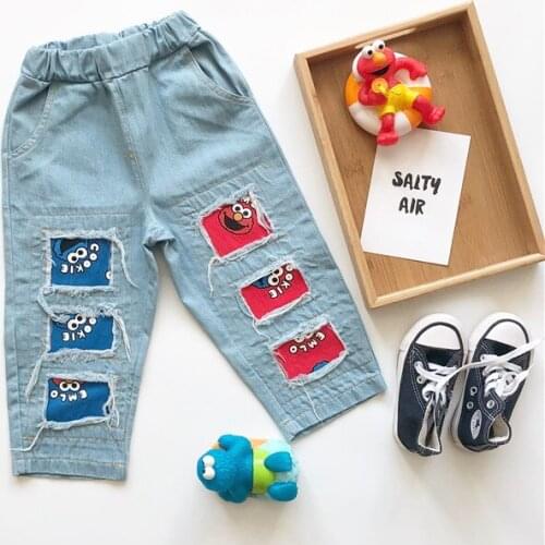 Tonytaobaby Autumn Boys and Girls Jeans Cute Cartoon Color Contrast Hole Cotton Pants