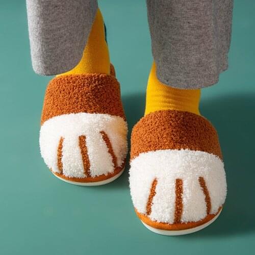 2021 Cute Cartoon Cat Paw Warm Slippers Women Men Indoor Floor Flat Shoes Spring Autumn Winter Home Cotton Plush Zapatos Mujer