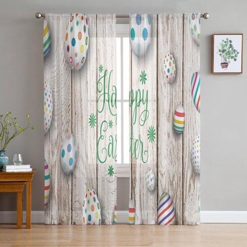 Vintage Wood Textured Easter Eggs Tulle Sheer Window Curtains for Living Room Kitchen Children Bedroom Voile Hanging Curtain