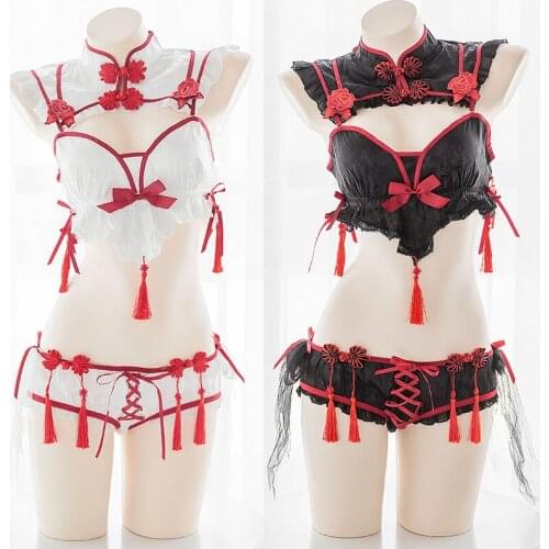 Chinese Style Vintage Cheongsam Maid Lingerie set Classical Sexy Cosplay lolita Lace Embroidery Tassels Private Underwear Set