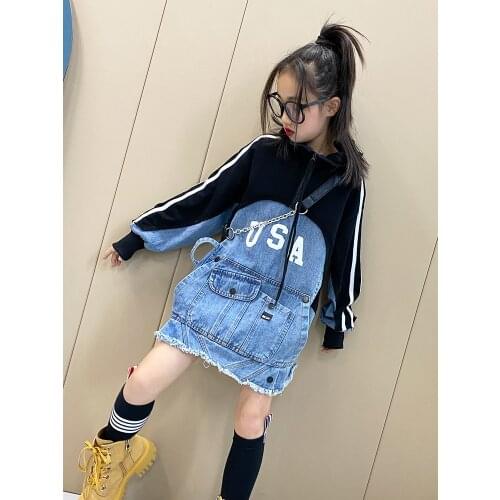 High Quality Baby Girl Fall 2021 New Hooded Denim Stitching Dress Casual Jacket Big Girls Clothes Size 14/16 Kids Clothes
