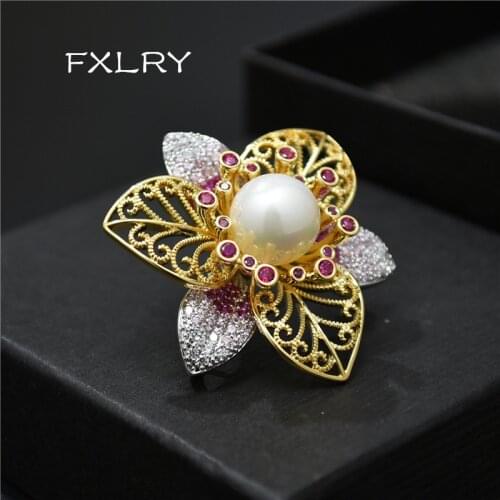 FXLRY Double Color Flower Brooches Luxury CZ Brooches for Female Dress Coat Sweater Brooches Pin Fashion Jewelry